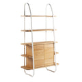 **Titel: Moderne open plankenkast met houten planken en metalen frame**