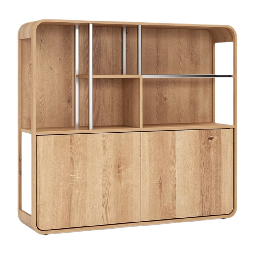 "Moderne Houten Boekenkast met Open Vakken en Deuren"