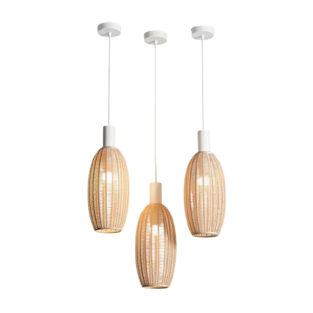 "Hanglampen van Riet: Drievoudige Verlichting voor een Warm Gezellig Interieur"